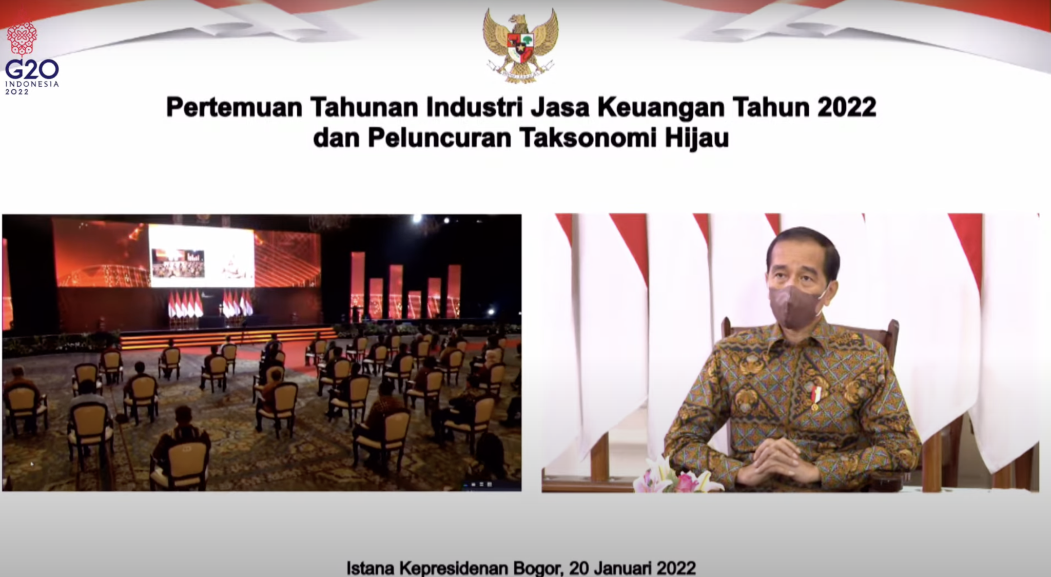 President Jokowi attends the 2022 Financial Services Industry Meeting and the Launching of the Indonesian Green Taxonomy, virtually from the Bogor Presidential Palace, West Java province, Thursday (01/20). (Source: screenshot)